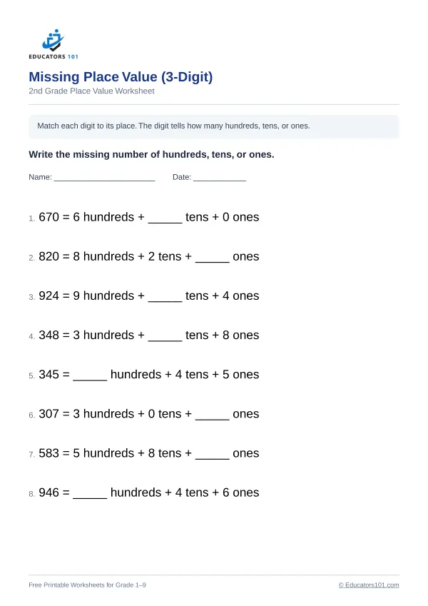 Missing Place Value (3-Digit) worksheet 2 — 2nd Grade