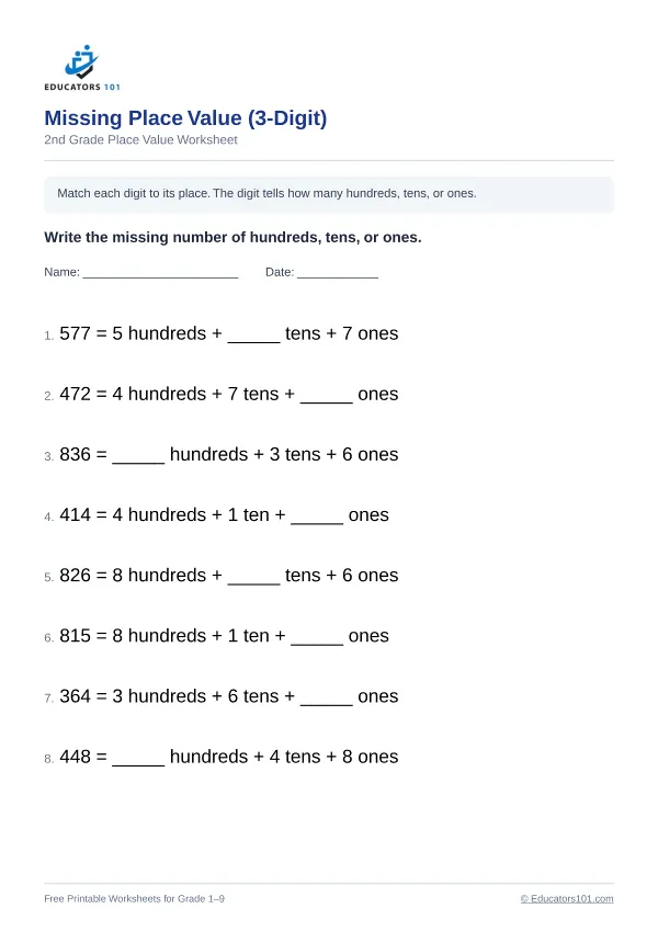 Missing Place Value (3-Digit) worksheet 4 — 2nd Grade