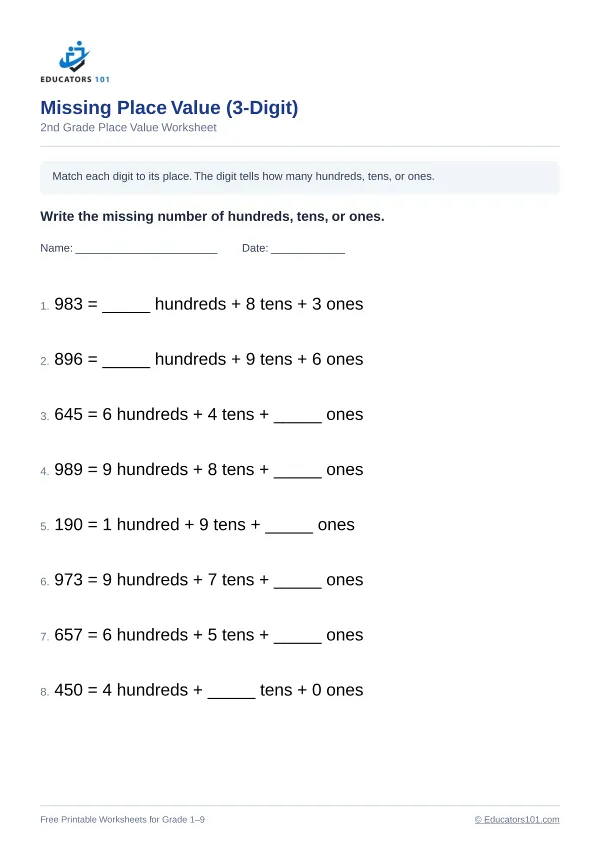 Missing Place Value (3-Digit) worksheet 5 — 2nd Grade