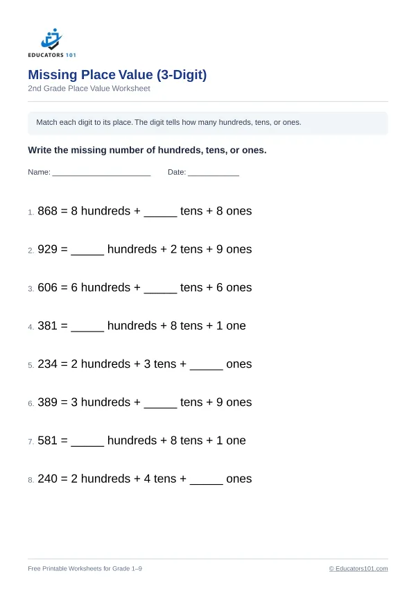 Missing Place Value (3-Digit) worksheet 6 — 2nd Grade