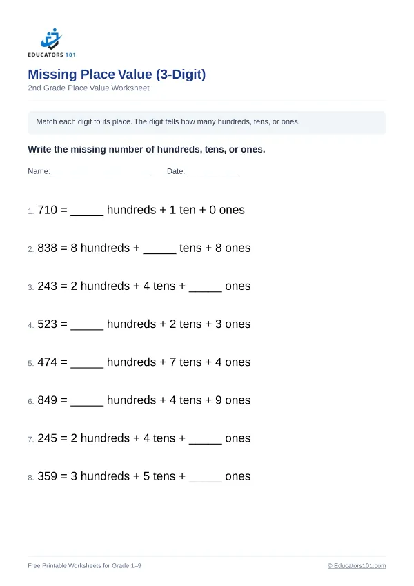 Missing Place Value (3-Digit) worksheet 7 — 2nd Grade