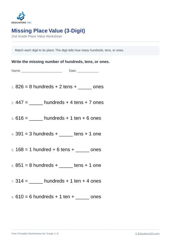 Missing Place Value (3-Digit) worksheet 8 — 2nd Grade