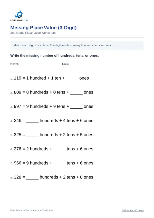 Missing Place Value (3-Digit) worksheet 9 — 2nd Grade