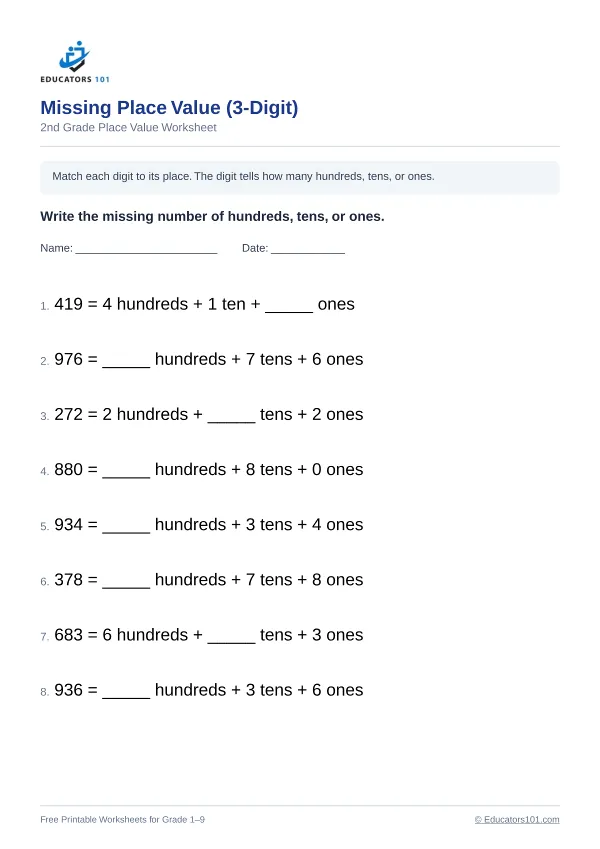 Missing Place Value (3-Digit) worksheet 11 — 2nd Grade