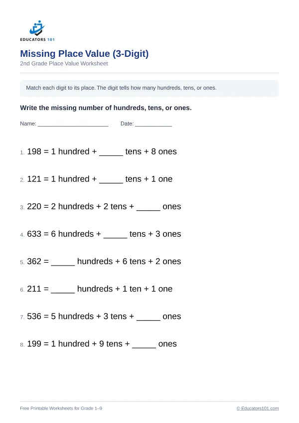 Missing Place Value (3-Digit) worksheet 12 — 2nd Grade