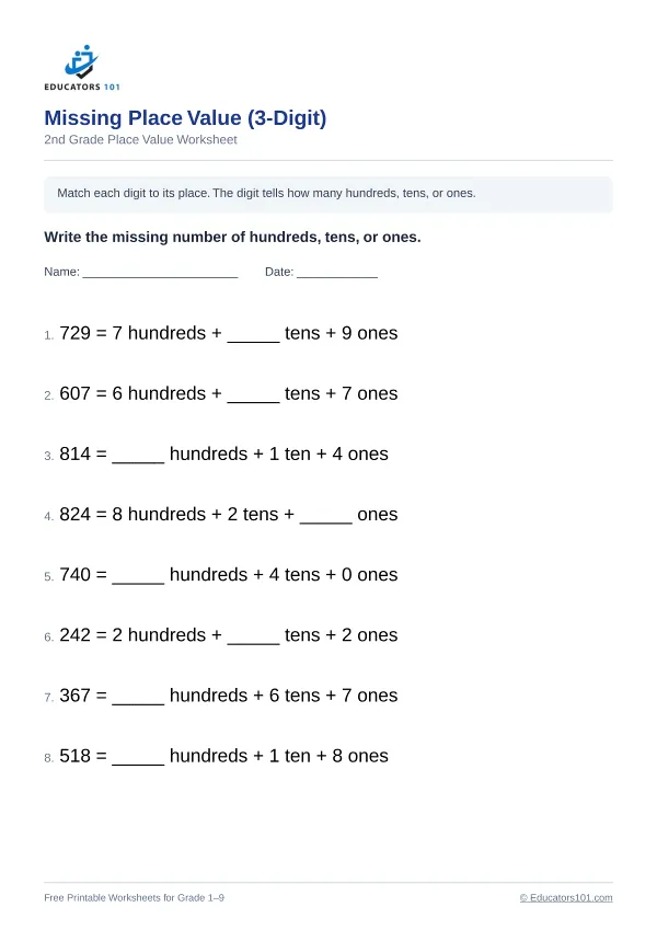 Missing Place Value (3-Digit) worksheet 13 — 2nd Grade