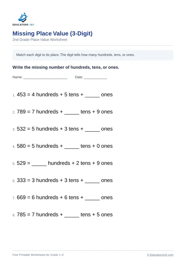Missing Place Value (3-Digit) worksheet 14 — 2nd Grade