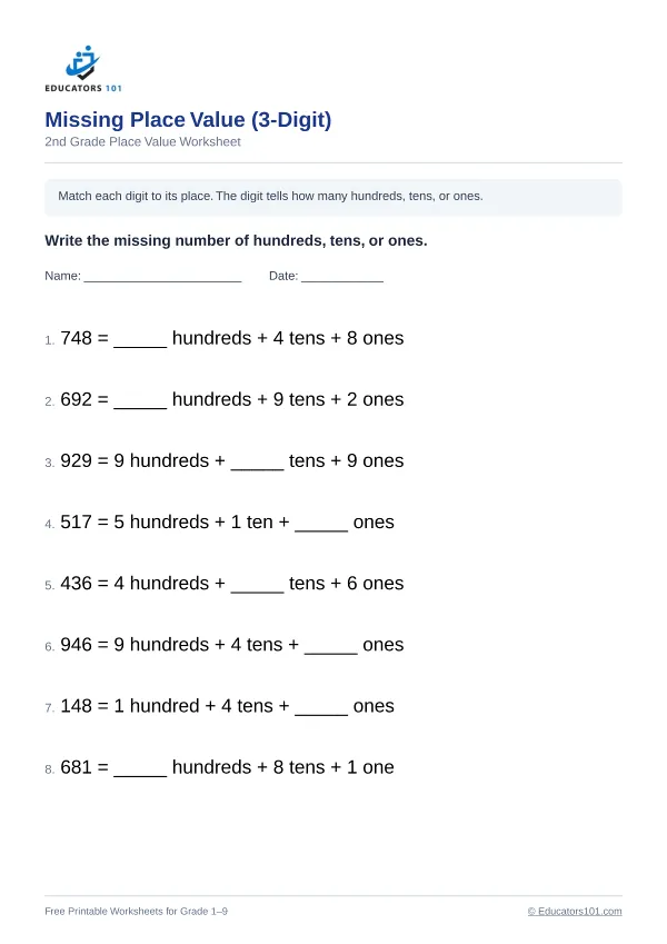 Missing Place Value (3-Digit) worksheet 15 — 2nd Grade