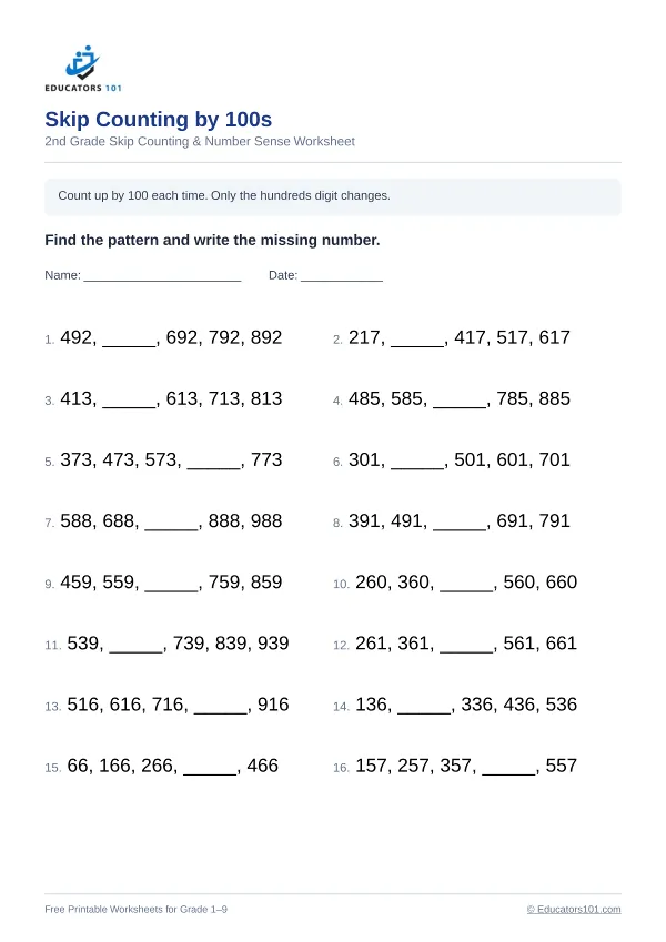 Skip Counting by 100s worksheet 6 — 2nd Grade