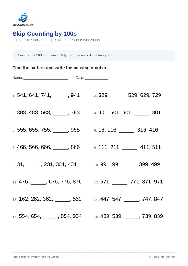 Skip Counting by 100s worksheet 7 — 2nd Grade