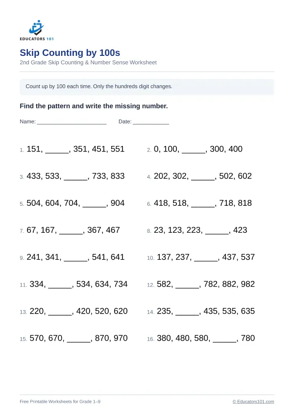 Skip Counting by 100s worksheet 8 — 2nd Grade
