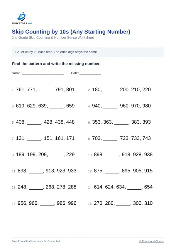 Skip Counting by 10s (Any Starting Number) worksheet 1 — 2nd Grade