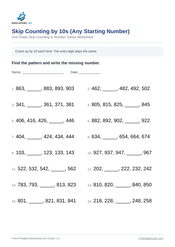 Skip Counting by 10s (Any Starting Number) worksheet 4 — 2nd Grade
