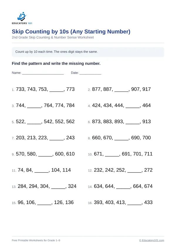 Skip Counting by 10s (Any Starting Number) worksheet 6 — 2nd Grade