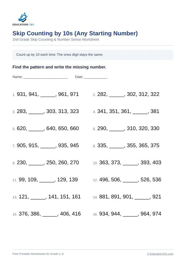 Skip Counting by 10s (Any Starting Number) worksheet 7 — 2nd Grade