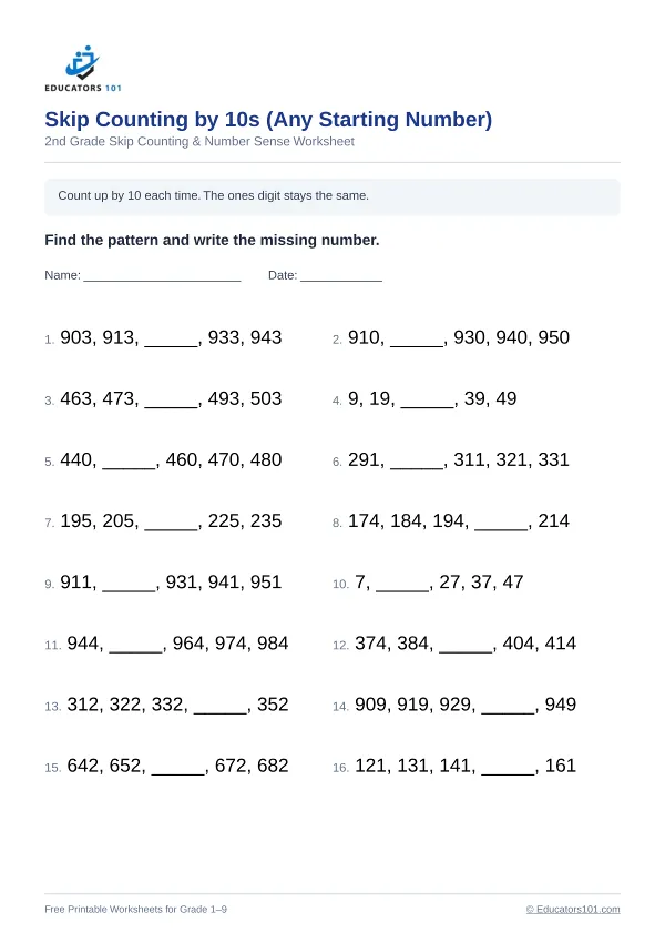 Skip Counting by 10s (Any Starting Number) worksheet 8 — 2nd Grade
