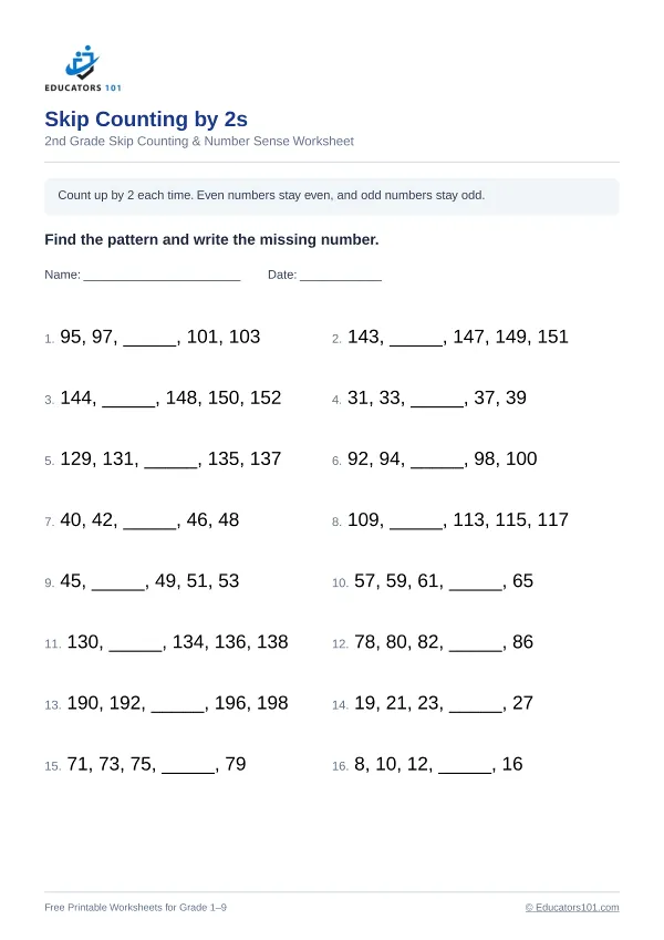 Skip Counting by 2s worksheet 1 — 2nd Grade