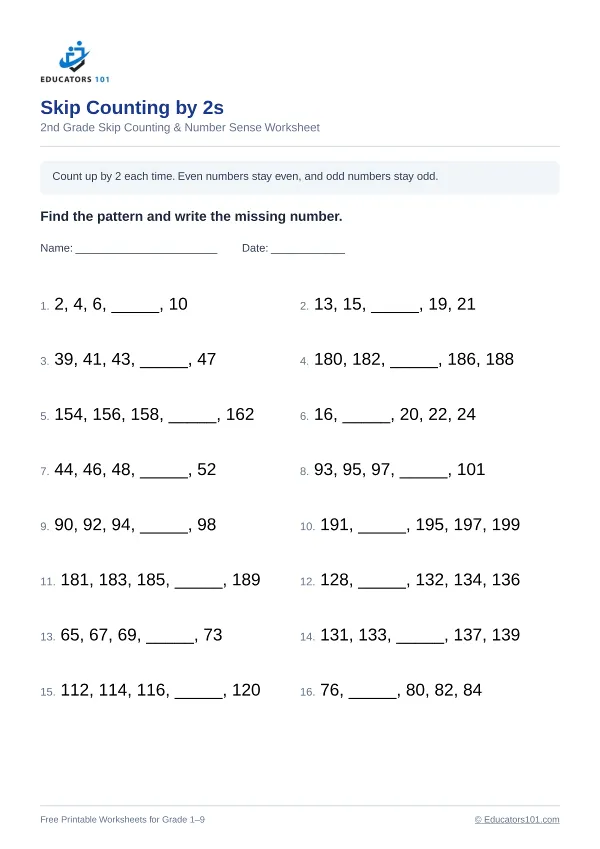 Skip Counting by 2s worksheet 3 — 2nd Grade