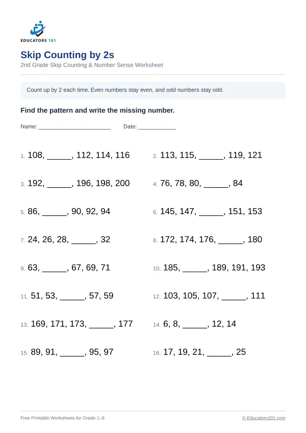 Skip Counting by 2s worksheet 6 — 2nd Grade