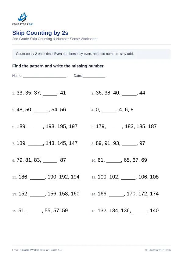 Skip Counting by 2s worksheet 7 — 2nd Grade