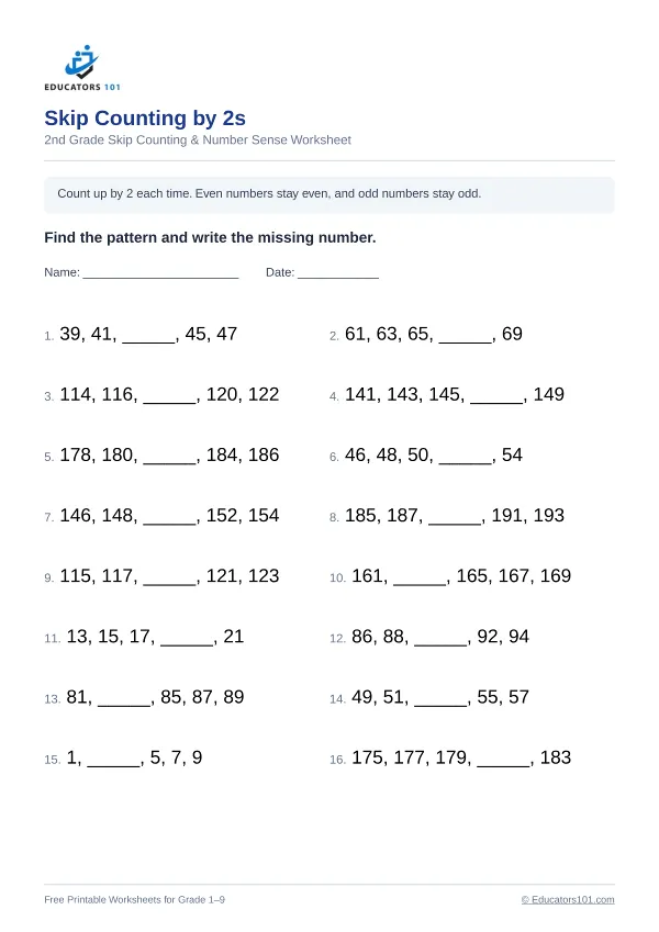 Skip Counting by 2s worksheet 9 — 2nd Grade
