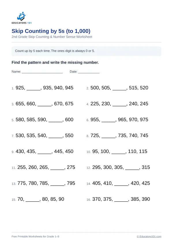 Skip Counting by 5s (to 1,000) worksheet 1 — 2nd Grade