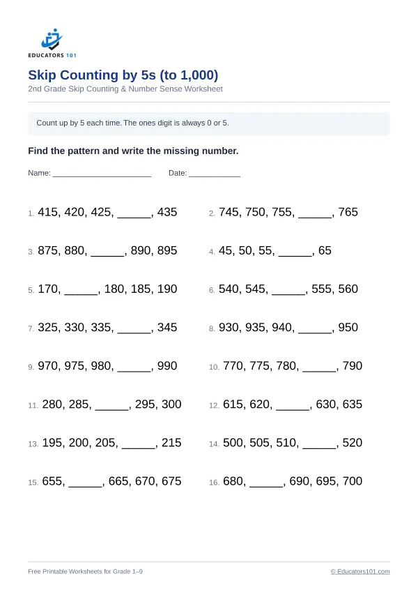 Skip Counting by 5s (to 1,000) worksheet 2 — 2nd Grade