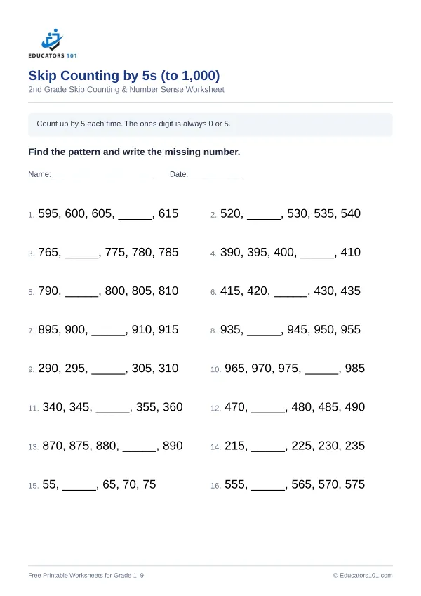 Skip Counting by 5s (to 1,000) worksheet 3 — 2nd Grade