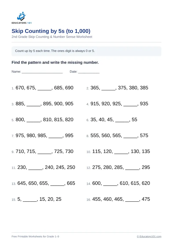 Skip Counting by 5s (to 1,000) worksheet 4 — 2nd Grade