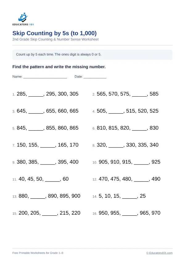 Skip Counting by 5s (to 1,000) worksheet 5 — 2nd Grade