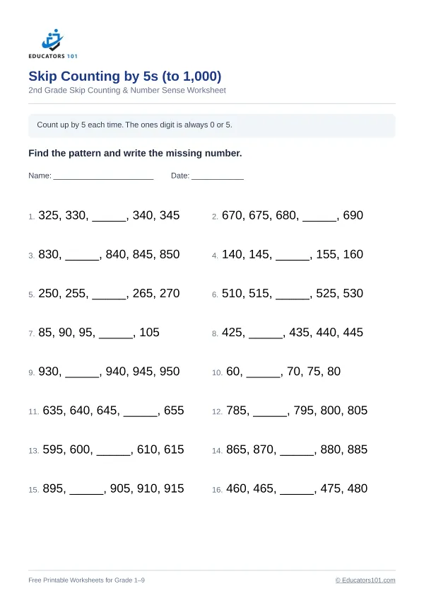 Skip Counting by 5s (to 1,000) worksheet 6 — 2nd Grade