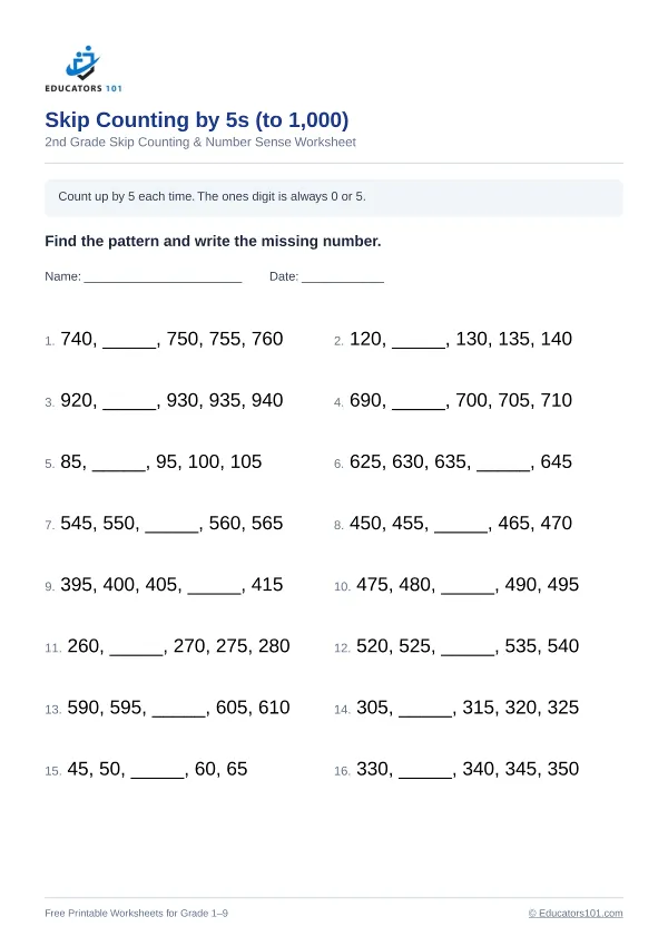 Skip Counting by 5s (to 1,000) worksheet 7 — 2nd Grade
