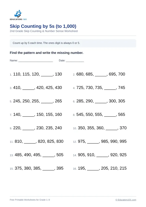 Skip Counting by 5s (to 1,000) worksheet 8 — 2nd Grade