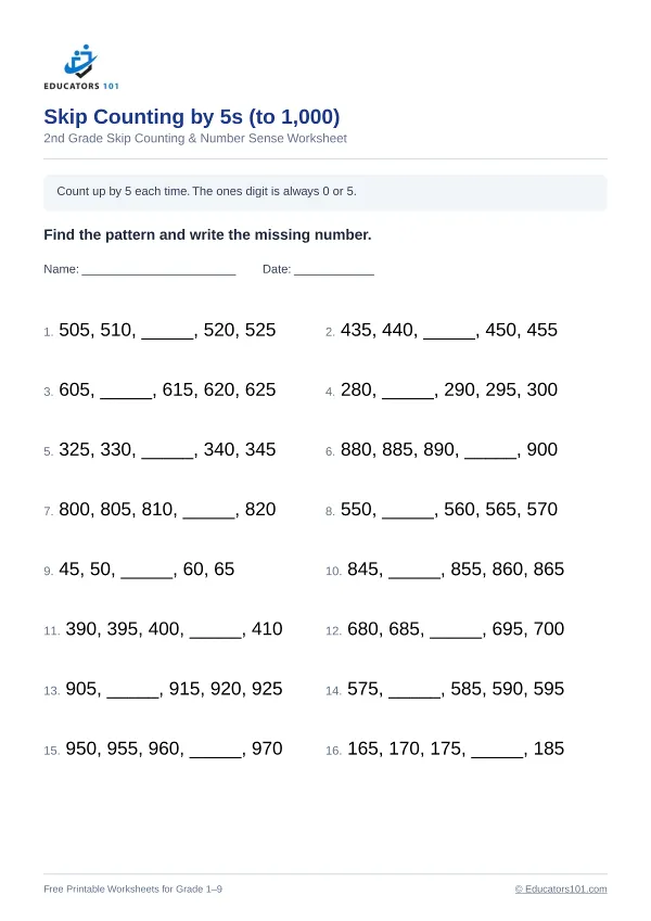 Skip Counting by 5s (to 1,000) worksheet 11 — 2nd Grade