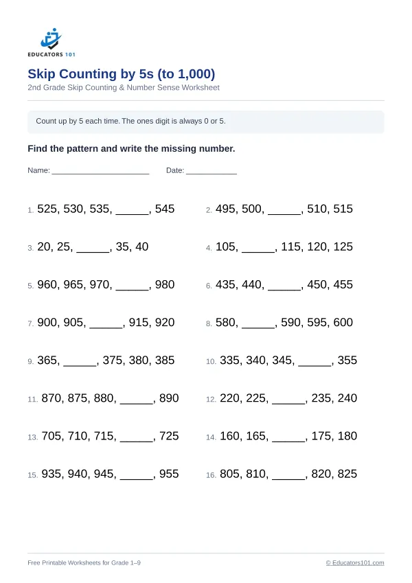 Skip Counting by 5s (to 1,000) worksheet 12 — 2nd Grade