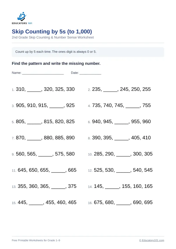Skip Counting by 5s (to 1,000) worksheet 13 — 2nd Grade