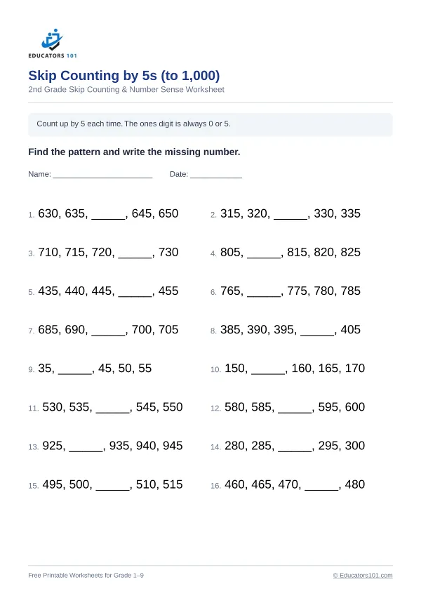 Skip Counting by 5s (to 1,000) worksheet 14 — 2nd Grade
