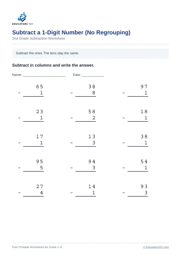 Subtract a 1-Digit Number (No Regrouping) worksheet 9 — 2nd Grade