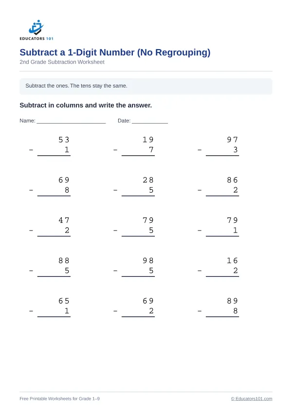 Subtract a 1-Digit Number (No Regrouping) worksheet 15 — 2nd Grade