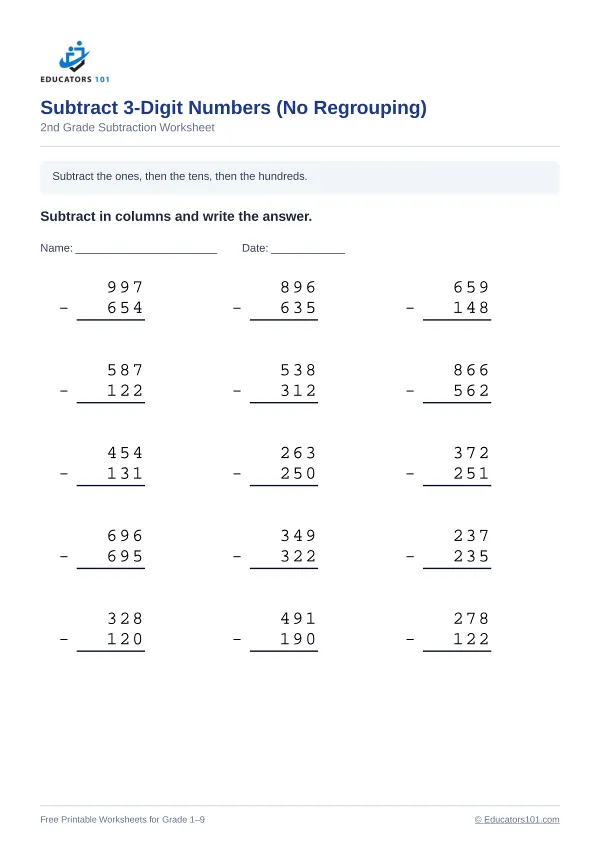 Subtract 3-Digit Numbers (No Regrouping) worksheet 9 — 2nd Grade
