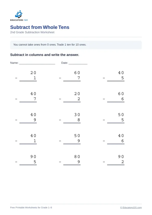Subtract from Whole Tens worksheet 9 — 2nd Grade