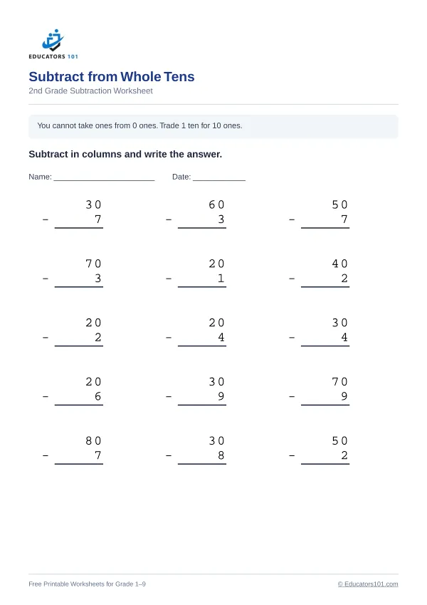 Subtract from Whole Tens worksheet 12 — 2nd Grade