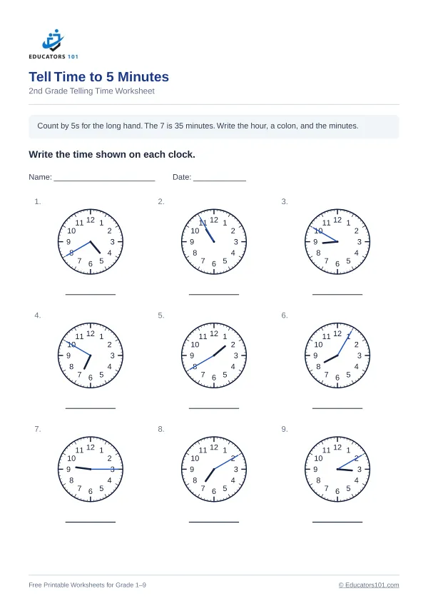 Tell Time to 5 Minutes worksheet 1 — 2nd Grade