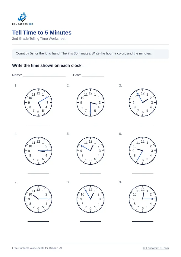 Tell Time to 5 Minutes worksheet 2 — 2nd Grade