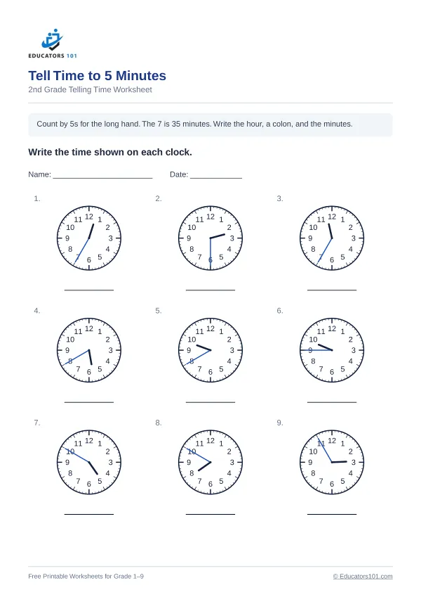 Tell Time to 5 Minutes worksheet 4 — 2nd Grade
