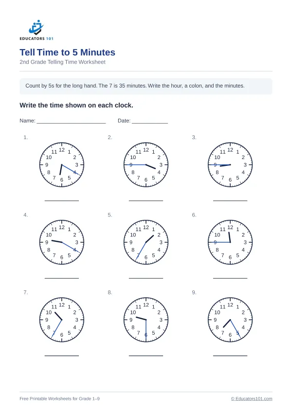 Tell Time to 5 Minutes worksheet 5 — 2nd Grade