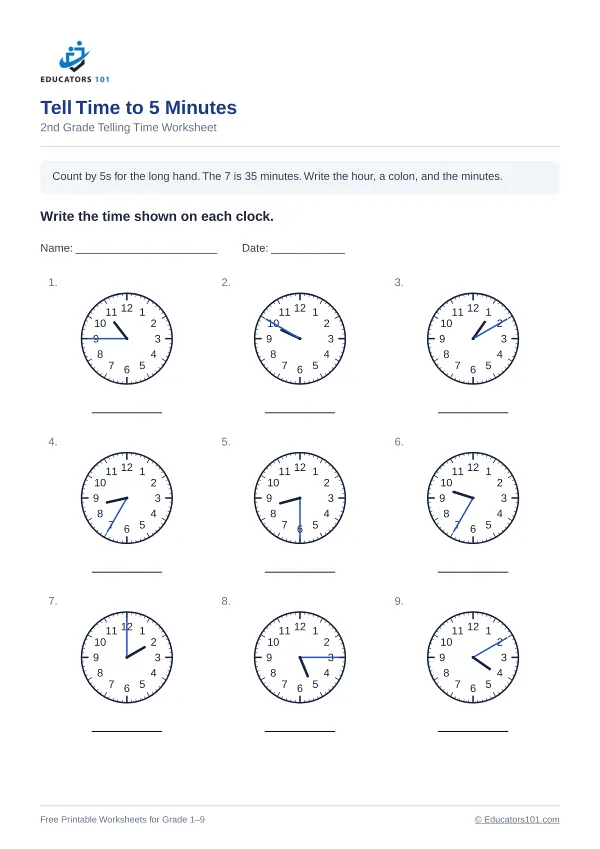 Tell Time to 5 Minutes worksheet 6 — 2nd Grade