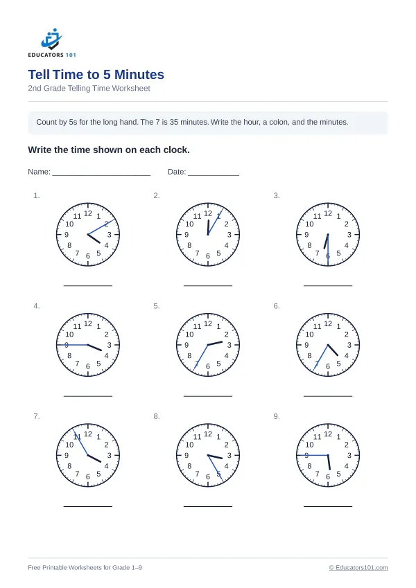Tell Time to 5 Minutes worksheet 7 — 2nd Grade