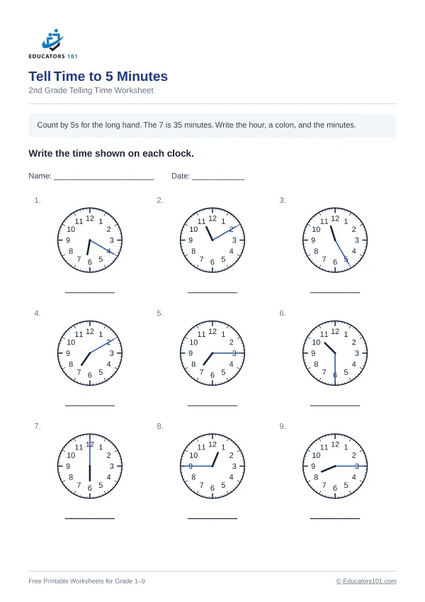Tell Time to 5 Minutes worksheet 8 — 2nd Grade