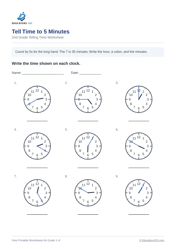 Tell Time to 5 Minutes worksheet 9 — 2nd Grade